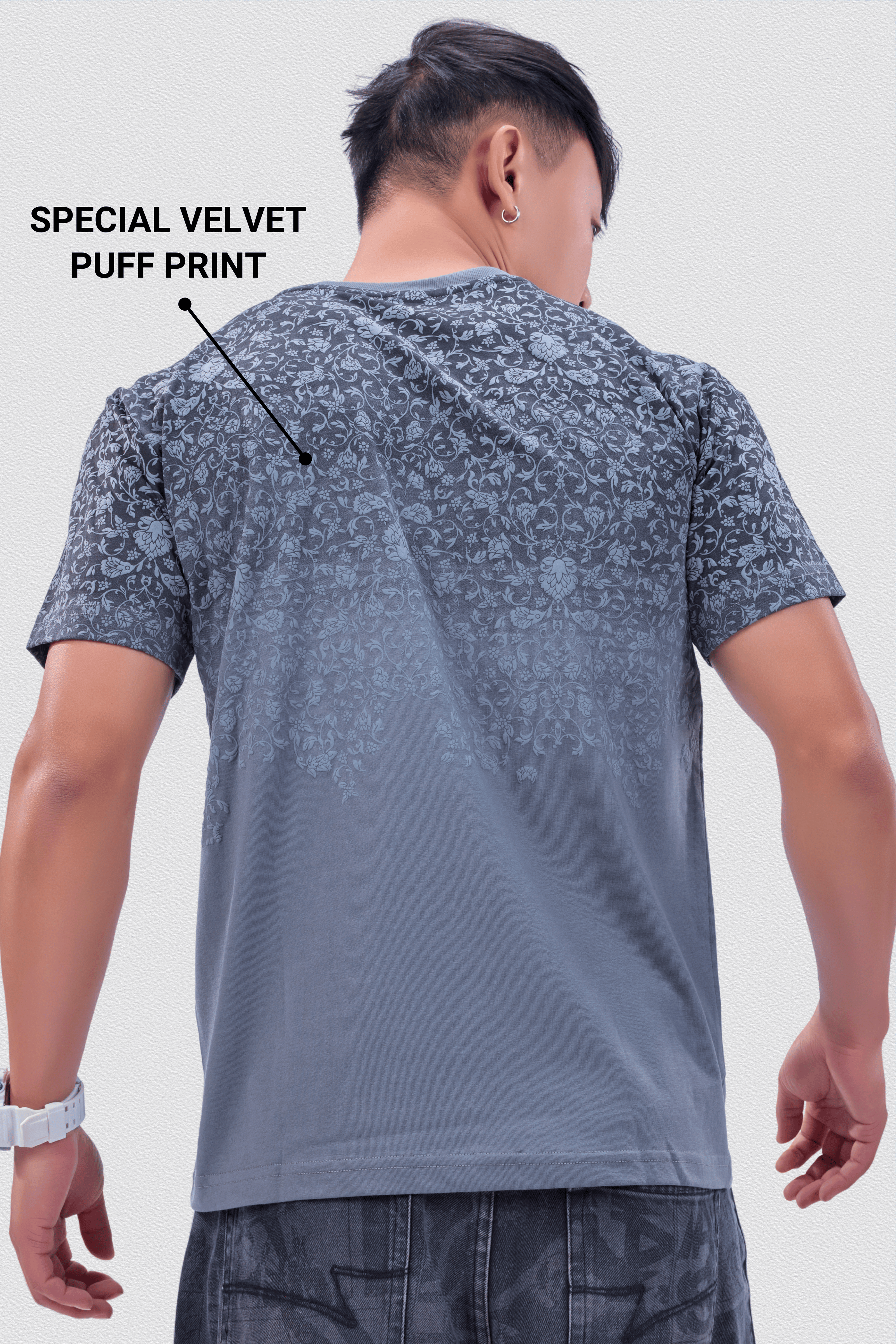 Auraa Imperial Bloom - Floral Puff Print Regular Fit T-Shirt (Grey)