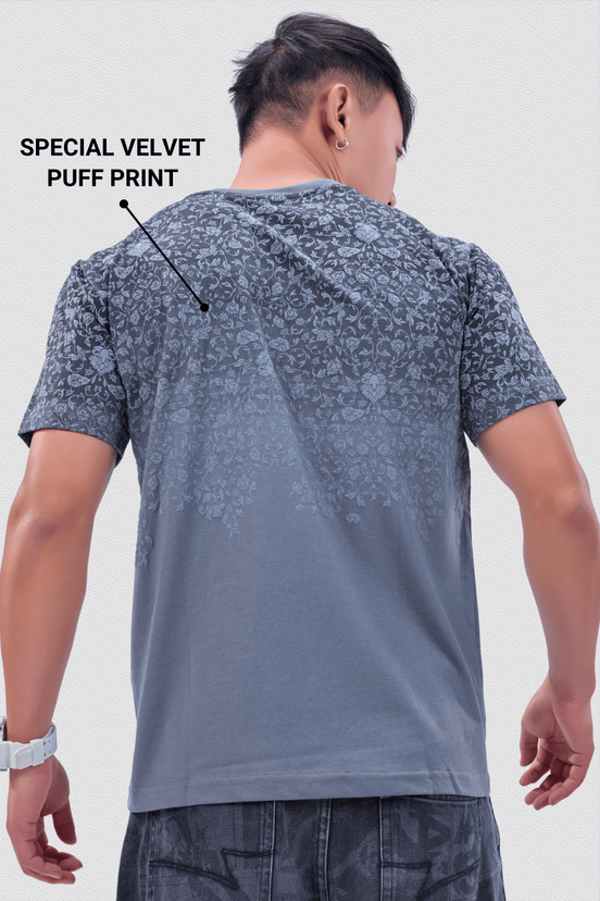 Auraa Imperial Bloom - Floral Puff Print Regular Fit T-Shirt (Grey)