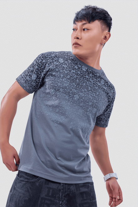 Auraa Imperial Bloom - Floral Puff Print Regular Fit T-Shirt (Grey)