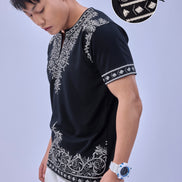 Auraa Woven Legacy - Ethnic Fusion Embroidered Notch Neck T-Shirt (Navy)
