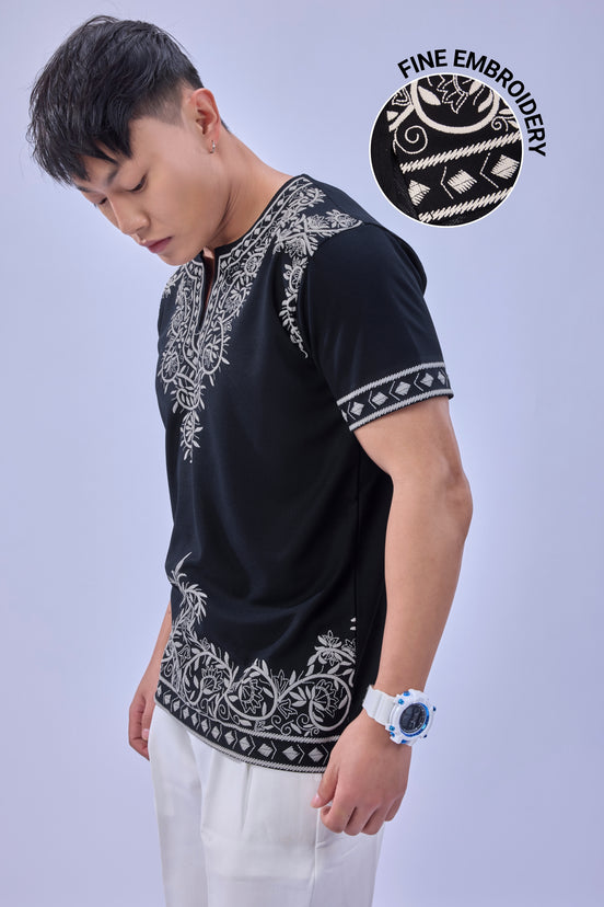 Auraa Woven Legacy - Ethnic Fusion Embroidered Notch Neck T-Shirt (Navy)