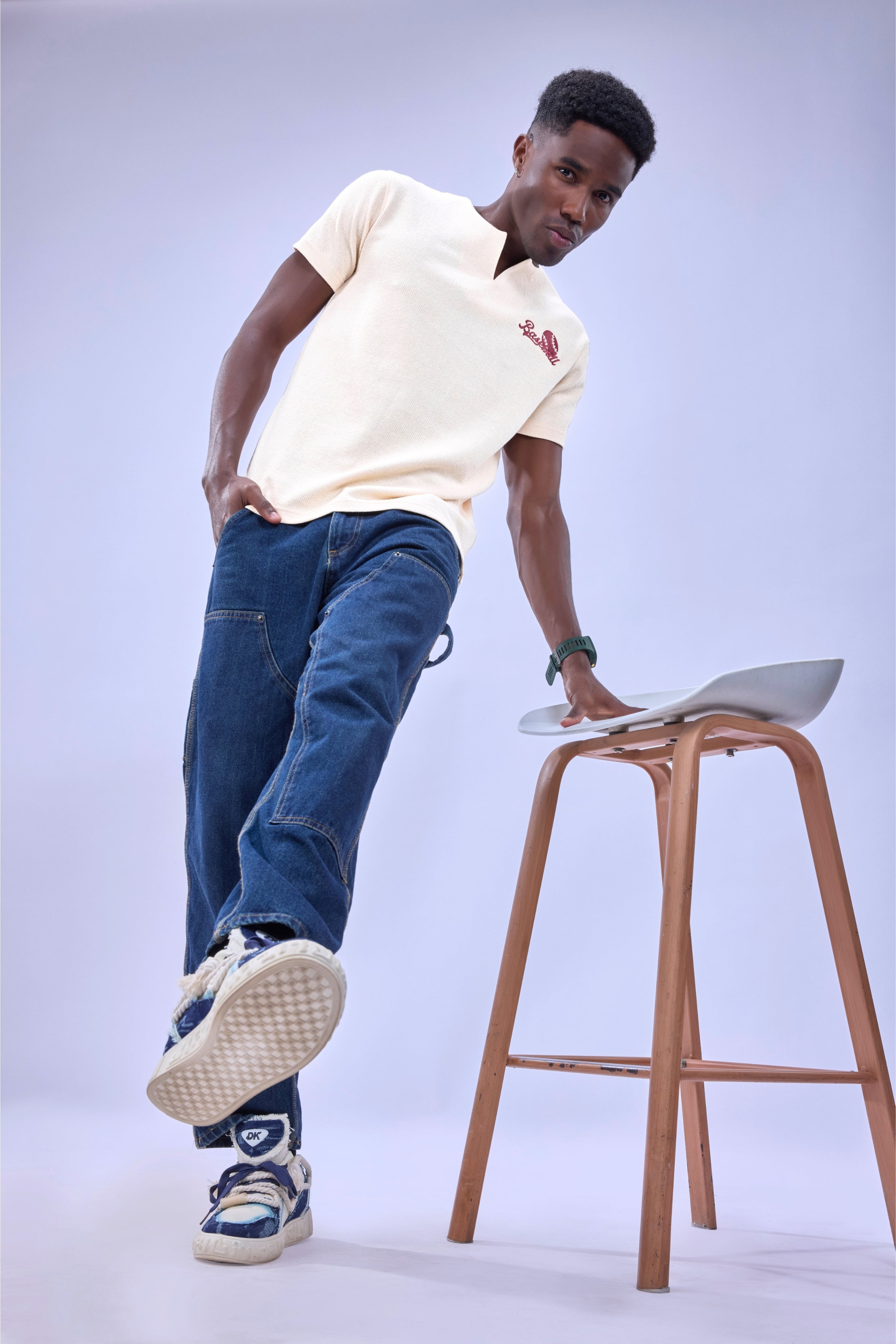 Auraa MVP - Textured & Embroidered Notch Neck T-Shirt (Cream)