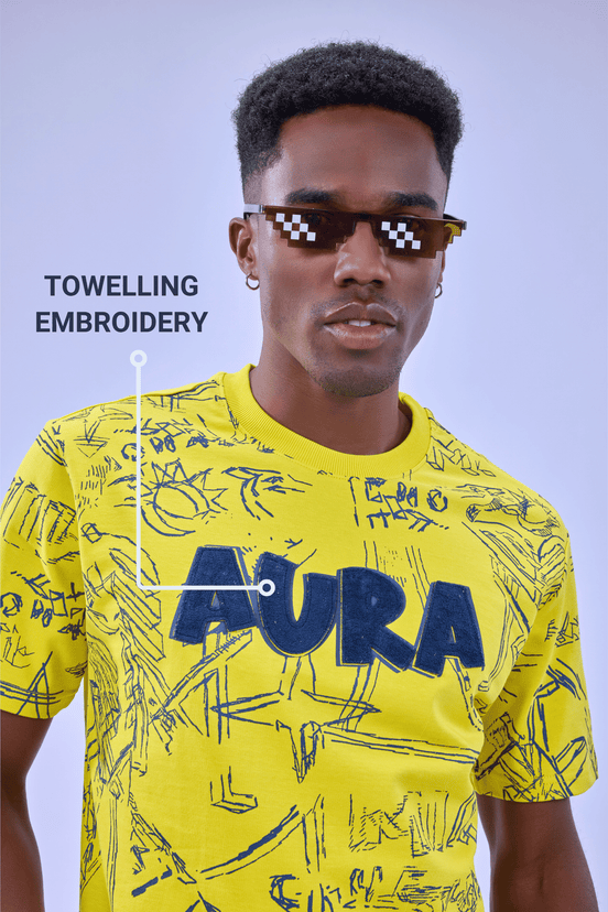 Auraa Scribble Sketch - Oversized Graphic T-Shirt (Yellow)