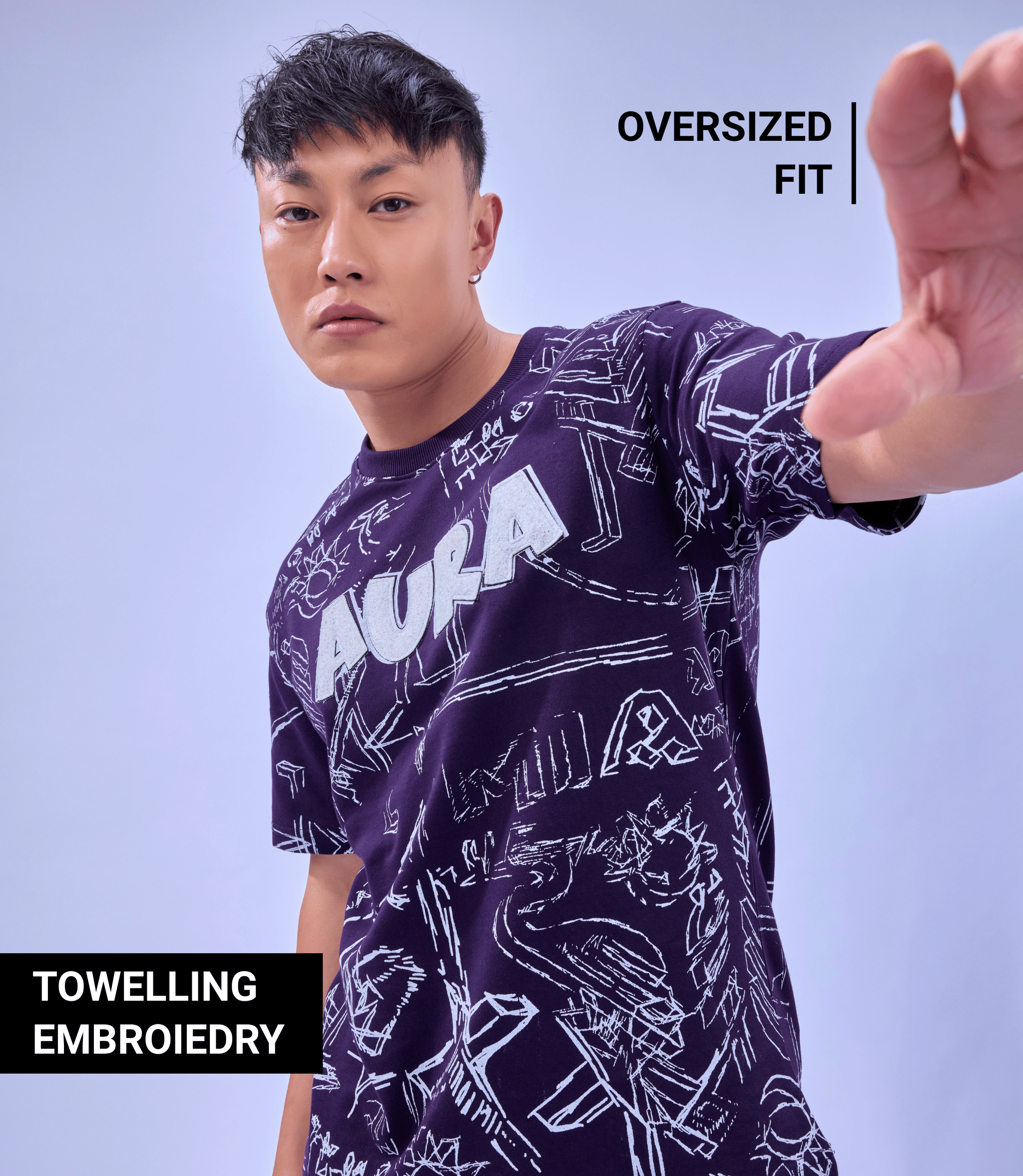 Auraa Scribble Sketch - Oversized Graphic T-Shirt (Purple)