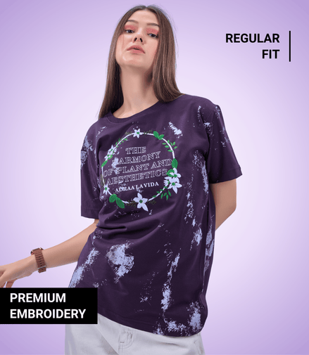 Auraa Floral Harmony - Embroidered T-Shirt (Purple)