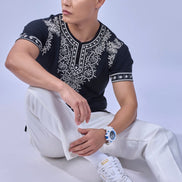 Auraa Woven Legacy - Ethnic Fusion Embroidered Notch Neck T-Shirt (Navy)