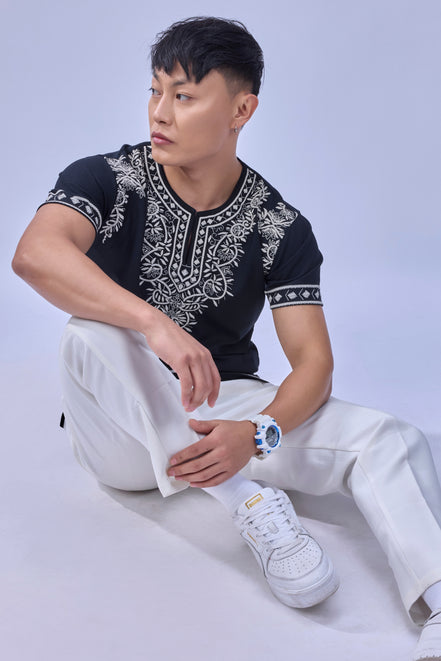 Auraa Woven Legacy - Ethnic Fusion Embroidered Notch Neck T-Shirt (Navy)