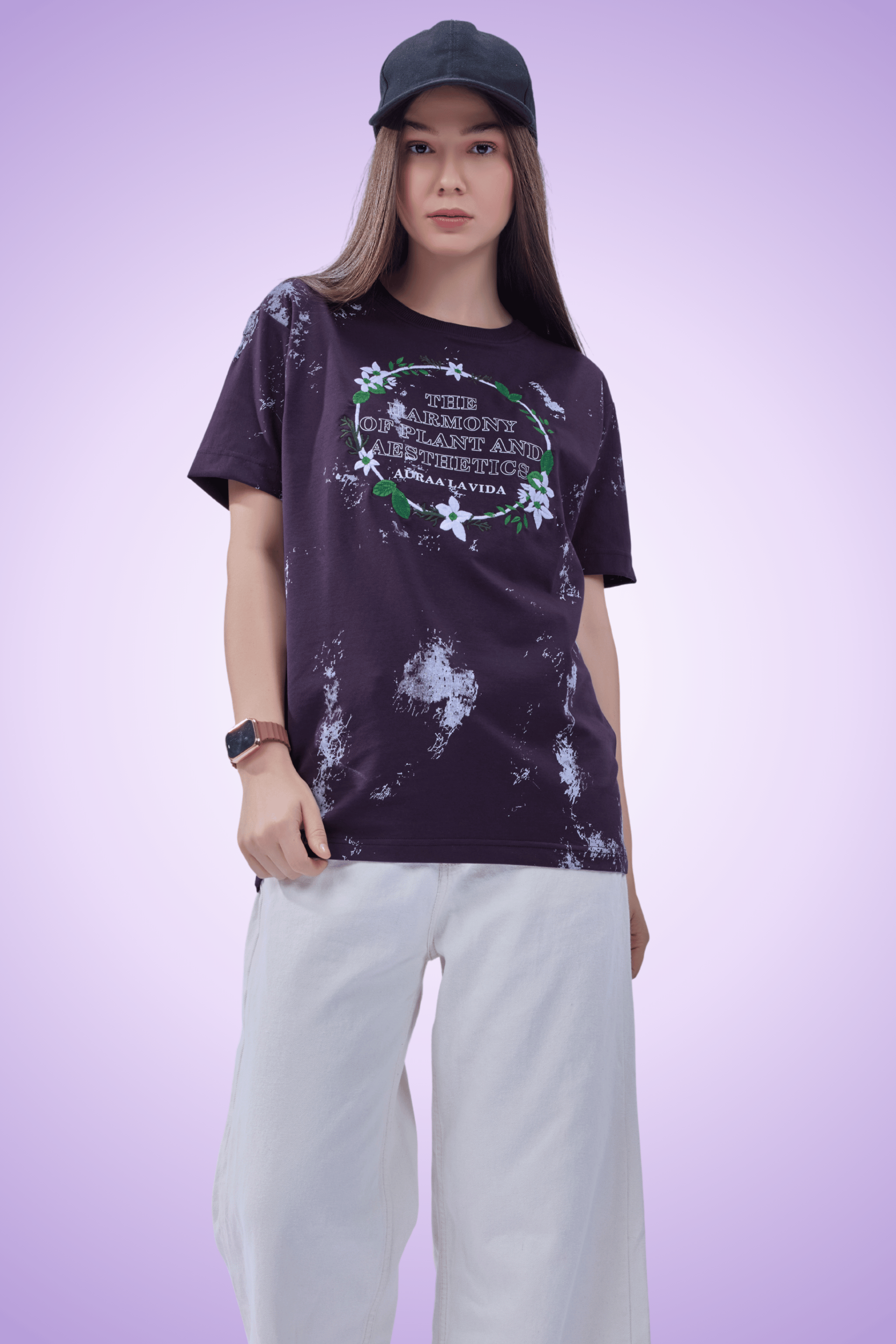 Auraa Floral Harmony - Embroidered T-Shirt (Purple)