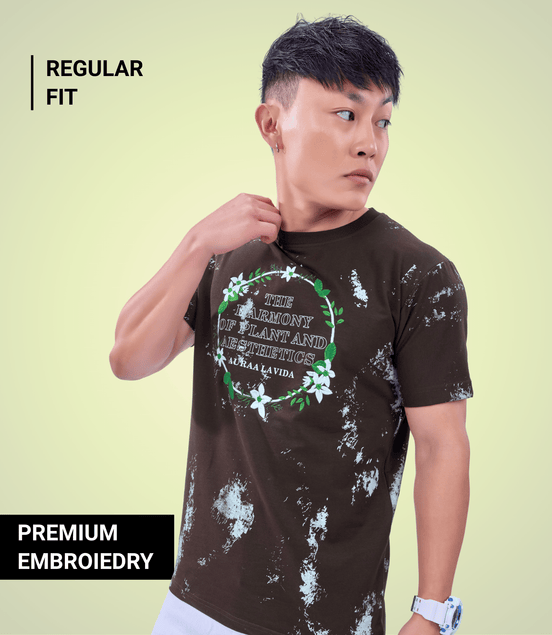 Auraa Floral Harmony - Embroidered T-Shirt (Brown)