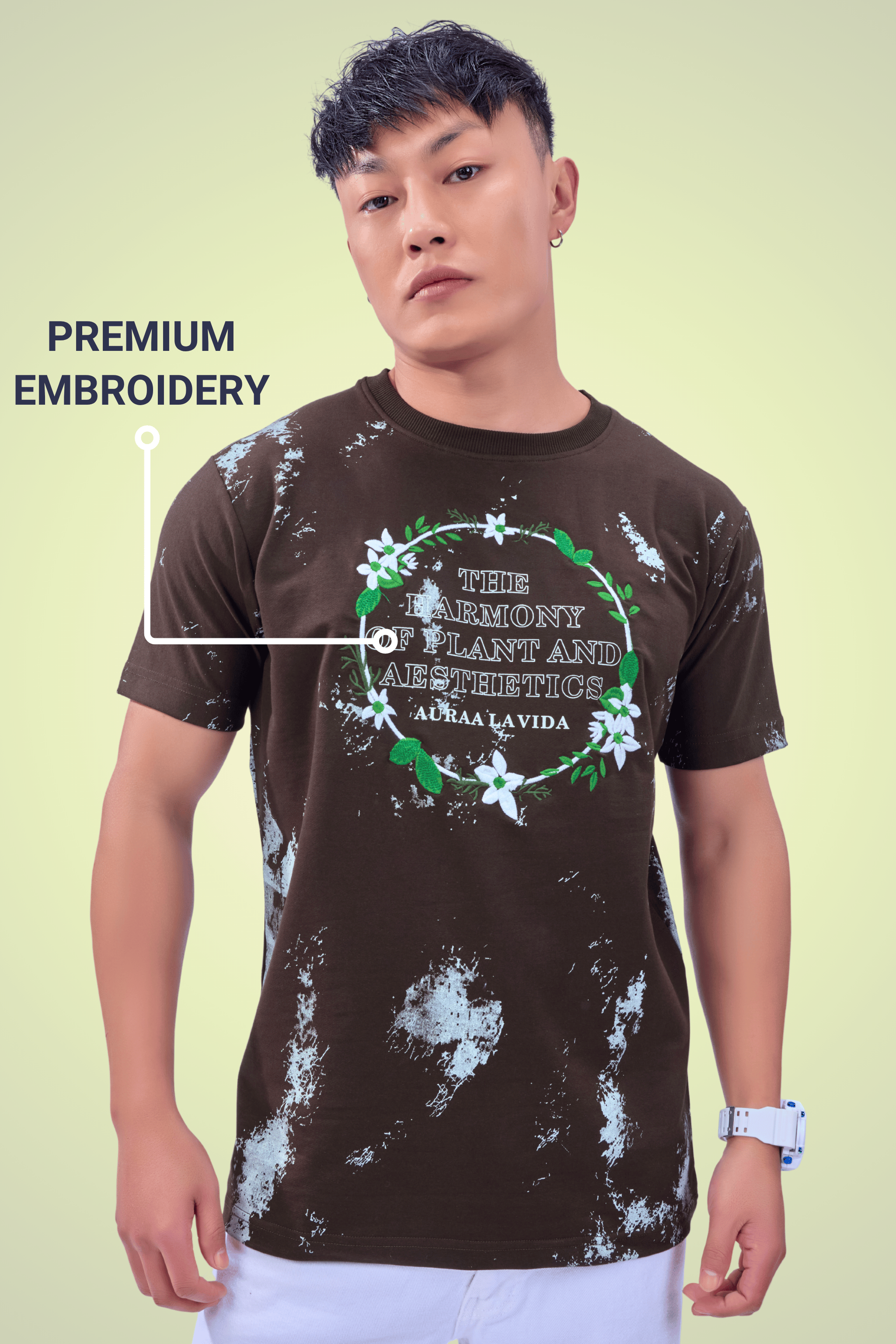 Auraa Floral Harmony - Embroidered T-Shirt (Brown)