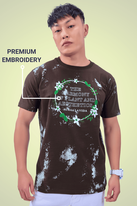 Auraa Floral Harmony - Embroidered T-Shirt (Brown)