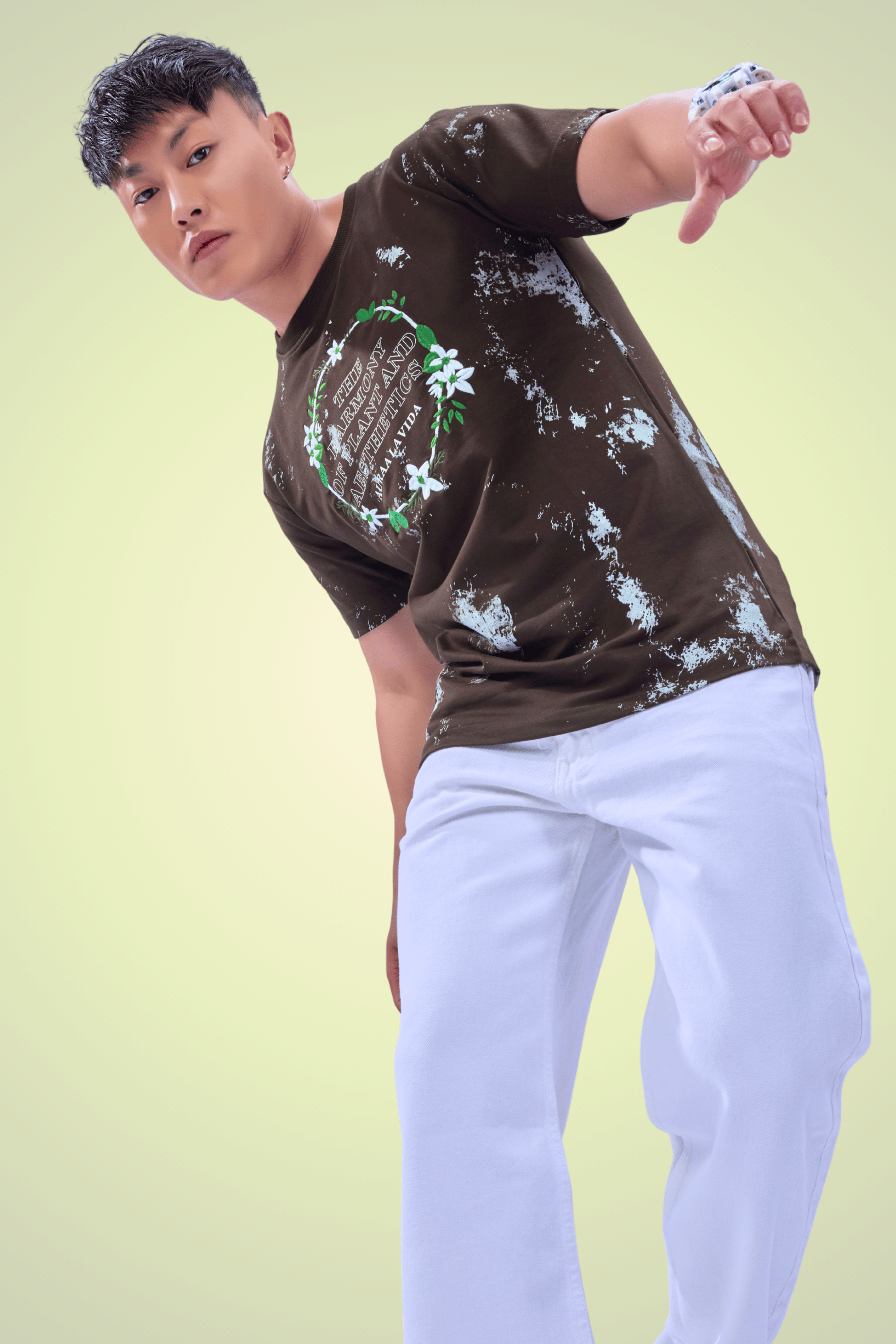 Auraa Floral Harmony - Embroidered T-Shirt (Brown)