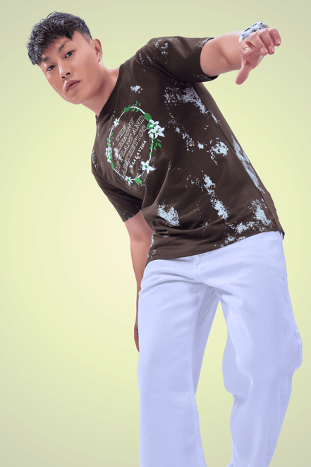 Auraa Floral Harmony - Embroidered T-Shirt (Brown)