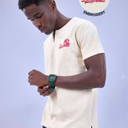 Auraa MVP - Textured & Embroidered Notch Neck T-Shirt (Cream)