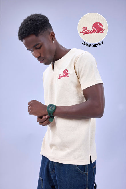 Auraa MVP - Textured & Embroidered Notch Neck T-Shirt (Cream)