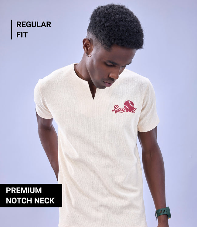 Auraa MVP - Textured & Embroidered Notch Neck T-Shirt (Cream)