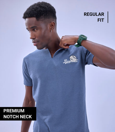 Auraa MVP - Textured & Embroidered Notch Neck T-Shirt (Blue)