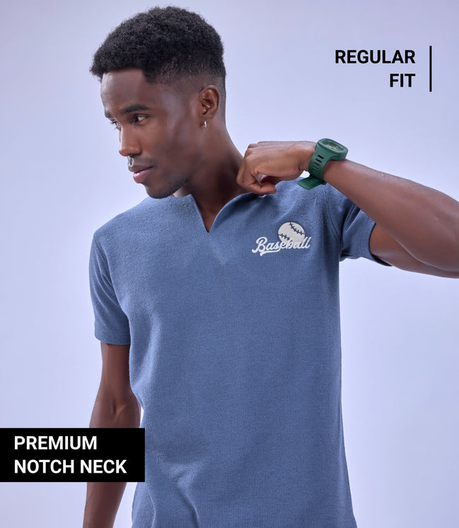 Auraa MVP - Textured & Embroidered Notch Neck T-Shirt (Blue)