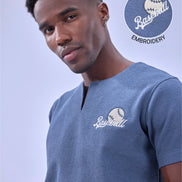 Auraa MVP - Textured & Embroidered Notch Neck T-Shirt (Blue)