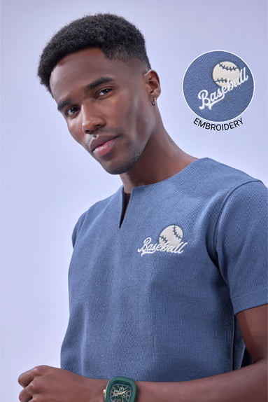 Auraa MVP - Textured & Embroidered Notch Neck T-Shirt (Blue)