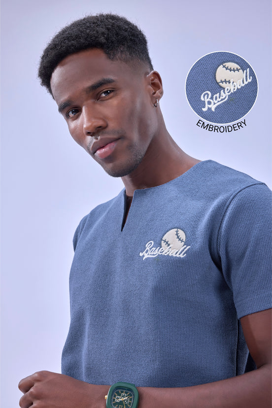 Auraa MVP - Textured & Embroidered Notch Neck T-Shirt (Blue)
