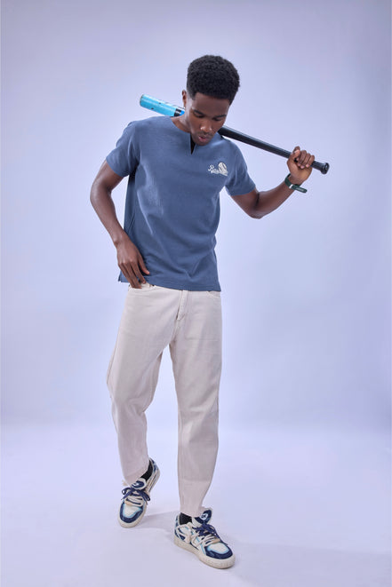 Auraa MVP - Textured & Embroidered Notch Neck T-Shirt (Blue)