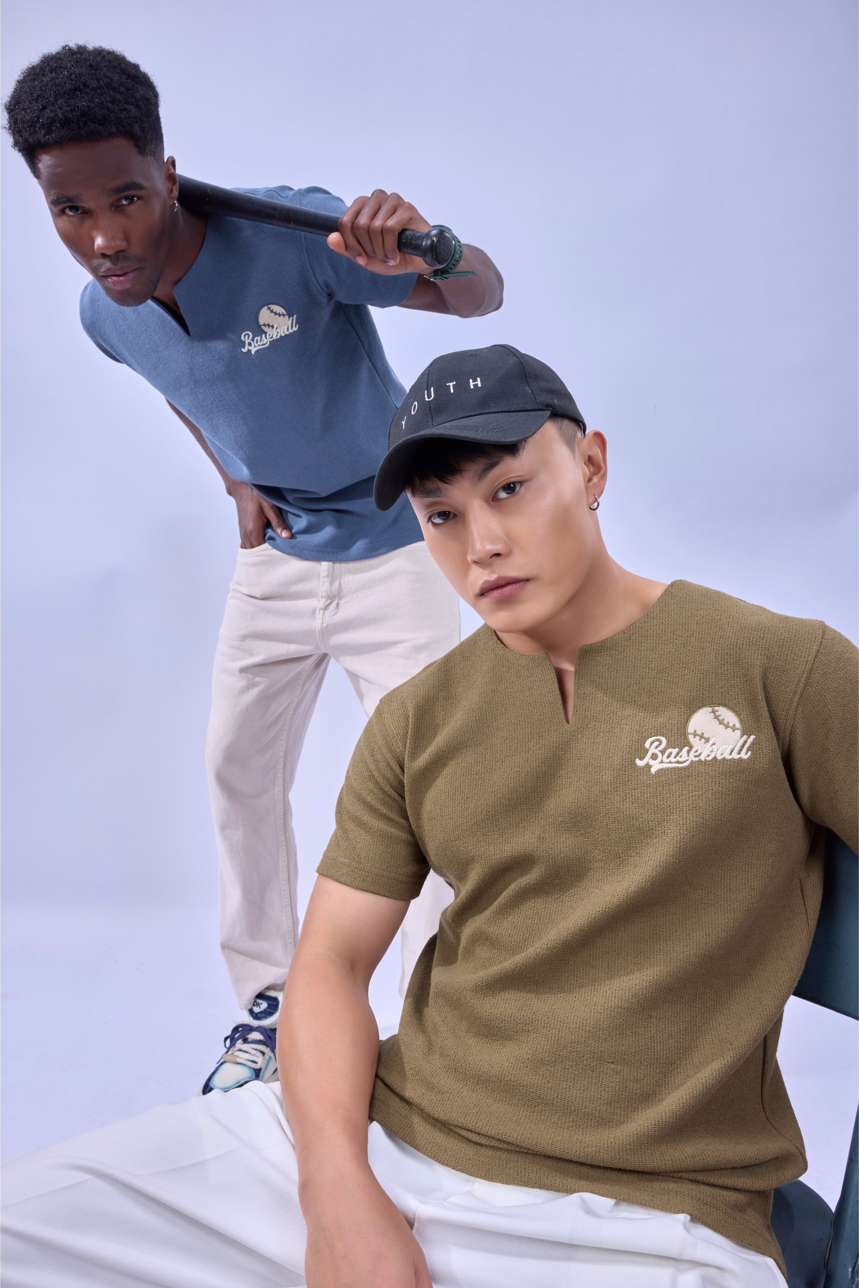 Auraa MVP - Textured & Embroidered Notch Neck T-Shirt (Blue)