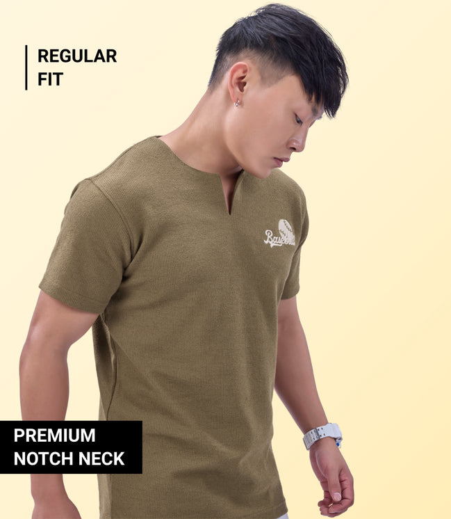 Auraa MVP - Textured & Embroidered Notch Neck T-Shirt (Brown)