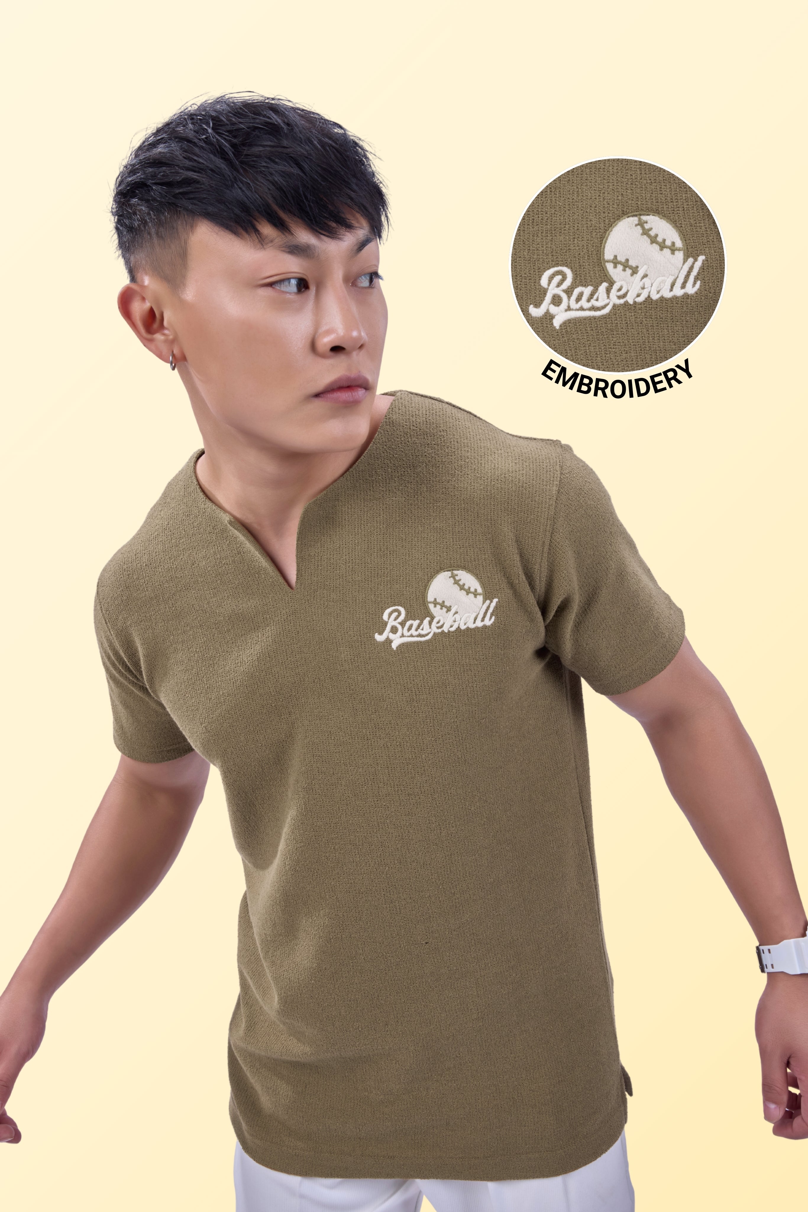 Auraa MVP - Textured & Embroidered Notch Neck T-Shirt (Brown)