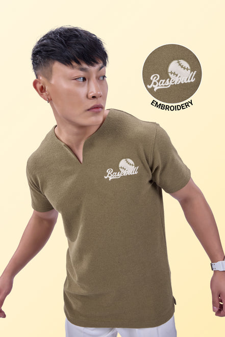 Auraa MVP - Textured & Embroidered Notch Neck T-Shirt (Brown)