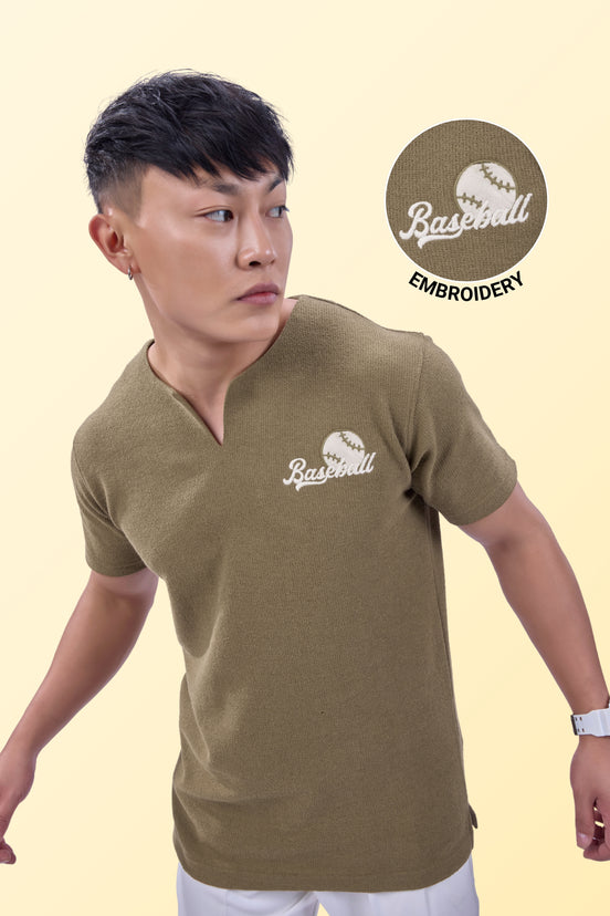 Auraa MVP - Textured & Embroidered Notch Neck T-Shirt (Brown)