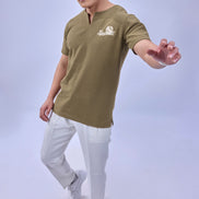 Auraa MVP - Textured & Embroidered Notch Neck T-Shirt (Brown)