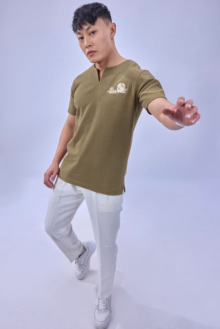 Auraa MVP - Textured & Embroidered Notch Neck T-Shirt (Brown)