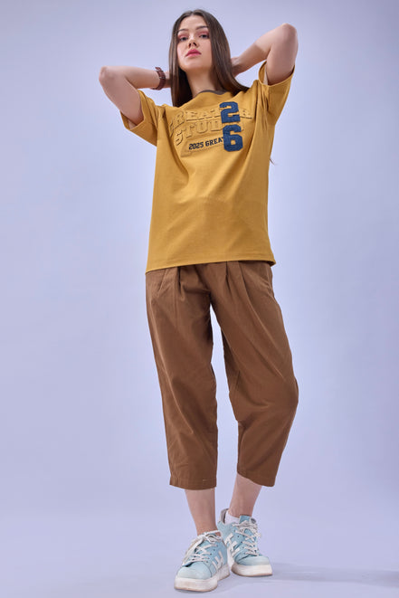 Auraa DenEase - Round Neck Oversized Denim T-Shirt (Gold)