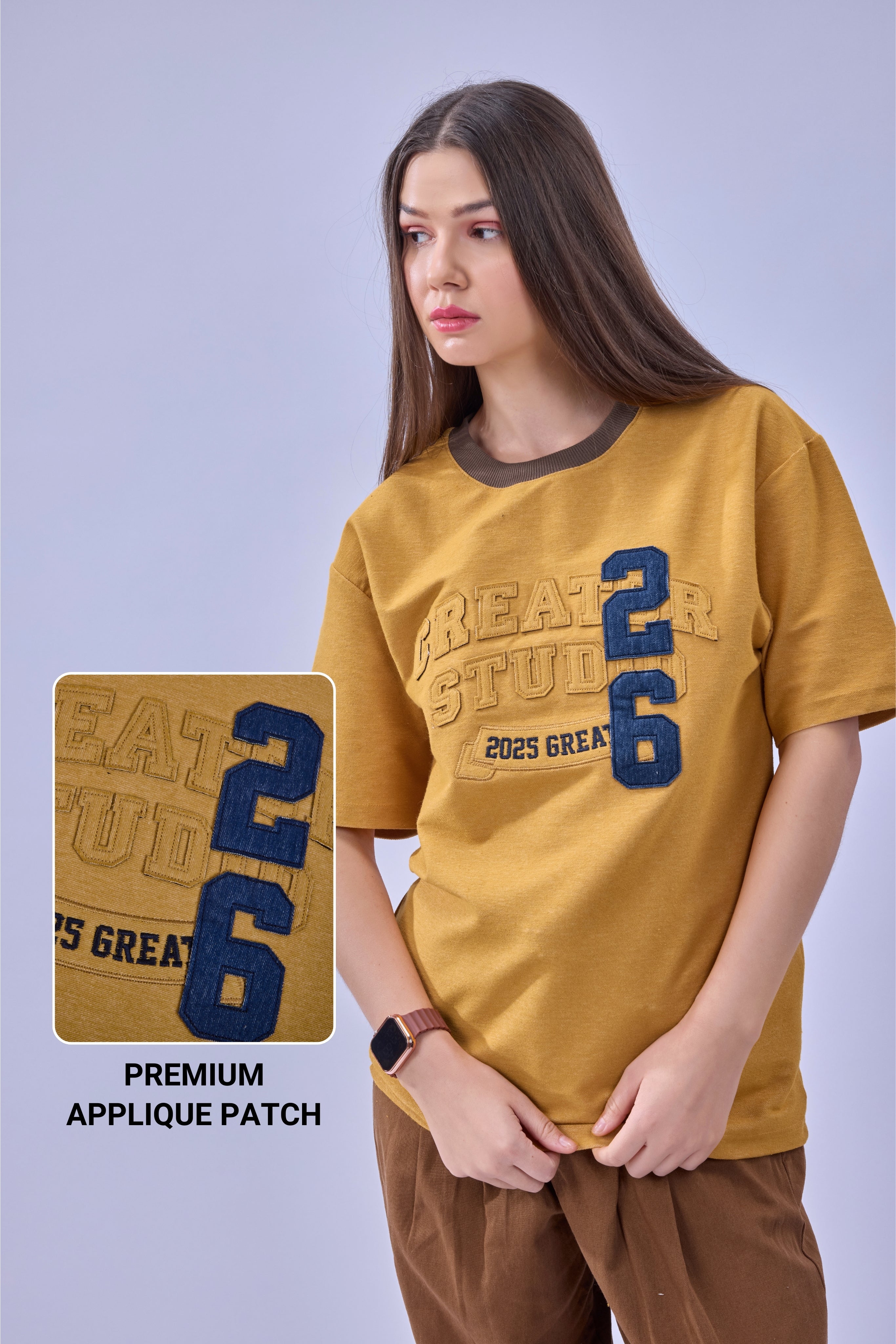 Auraa DenEase - Round Neck Oversized Denim T-Shirt (Gold)