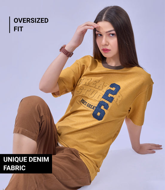 Auraa DenEase - Round Neck Oversized Denim T-Shirt (Gold)
