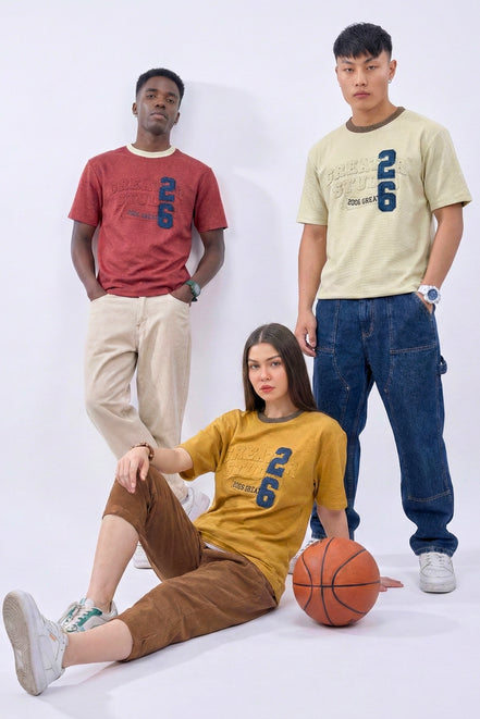 Auraa DenEase - Round Neck Oversized Denim T-Shirt (Gold)