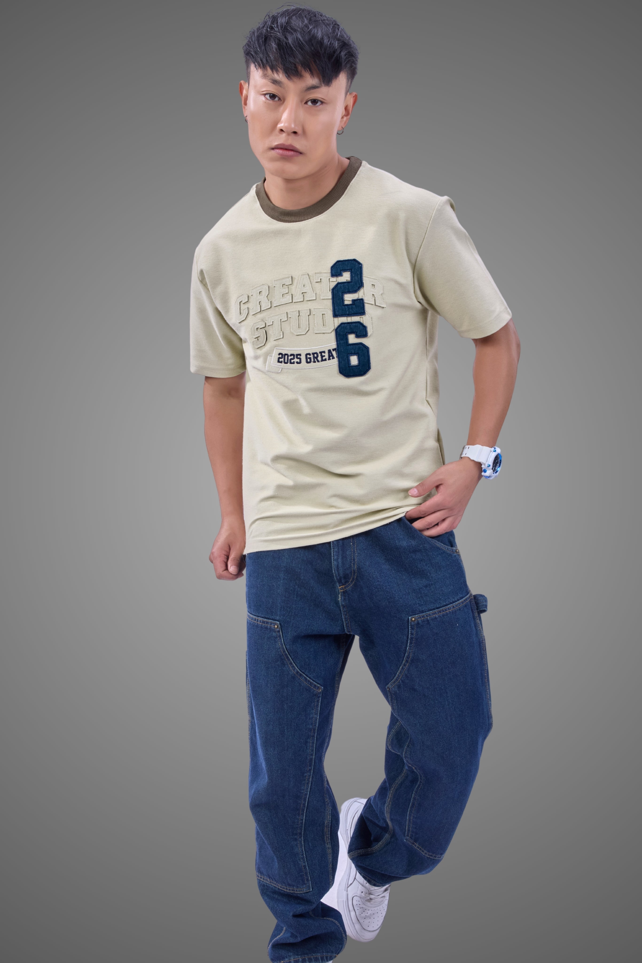 Auraa DenEase - Round Neck Oversized Denim T-Shirt (Off-White)