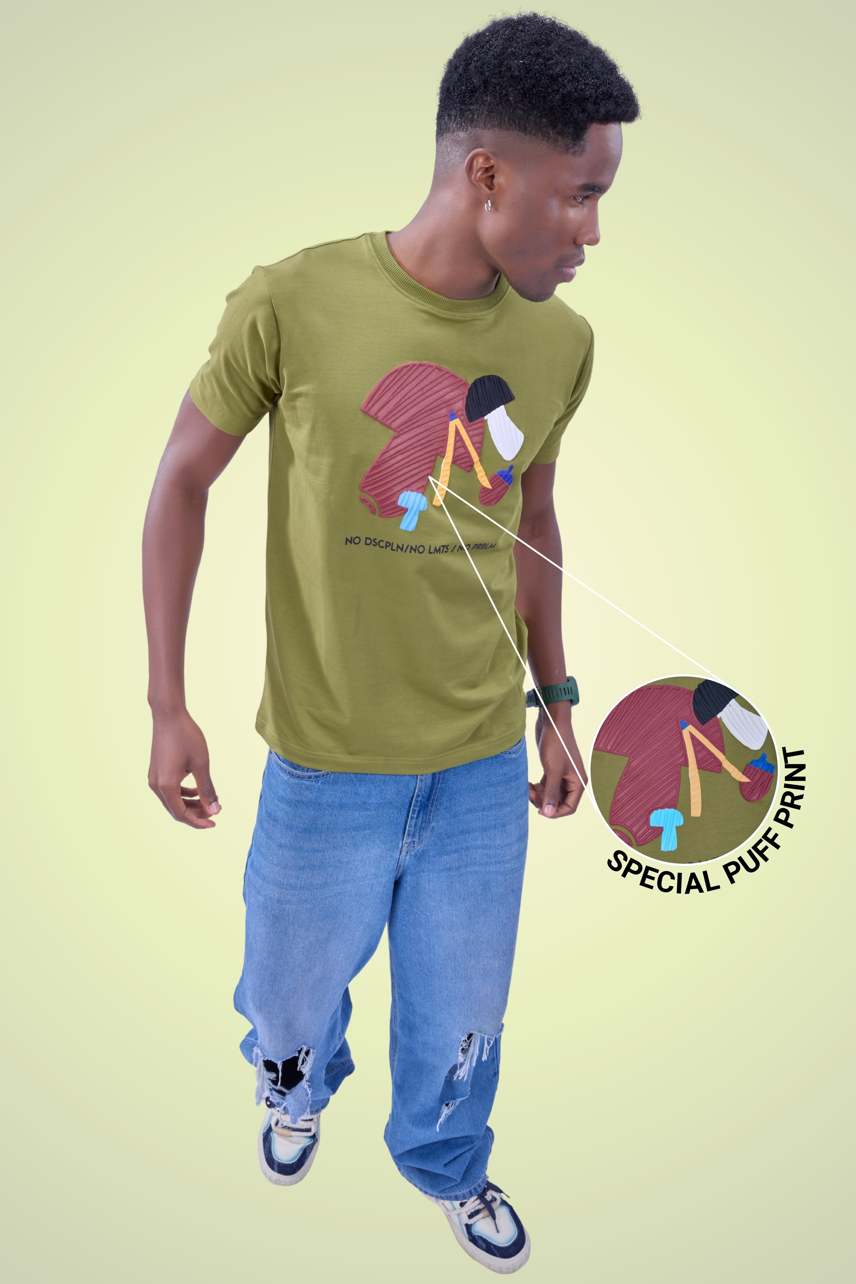 Auraa Limitless - 3D Textured Graphic Round Neck T-Shirt (Green)