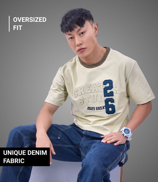 Auraa DenEase - Round Neck Oversized Denim T-Shirt (Off-White)