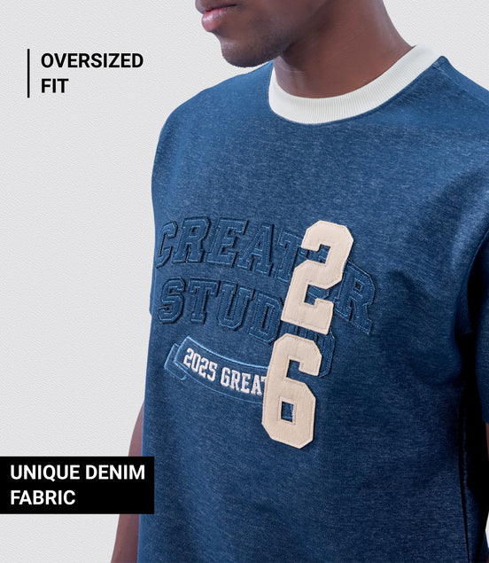 Auraa DenEase - Round Neck Oversized Denim T-Shirt (Blue)