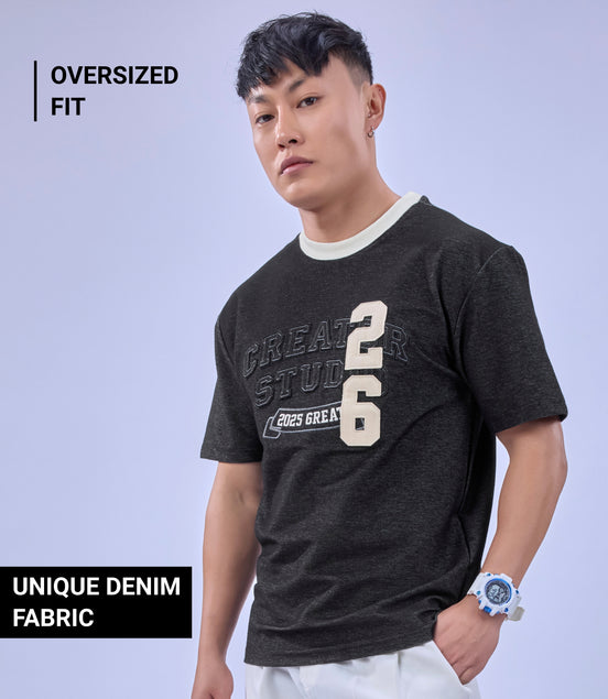 Auraa DenEase - Round Neck Oversized Denim T-Shirt (Black)