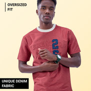Auraa DenEase - Round Neck Oversized Denim T-Shirt (Red)