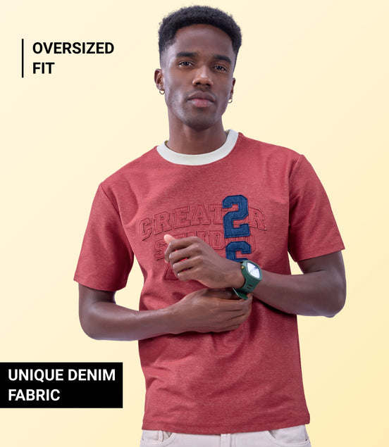 Auraa DenEase - Round Neck Oversized Denim T-Shirt (Red)