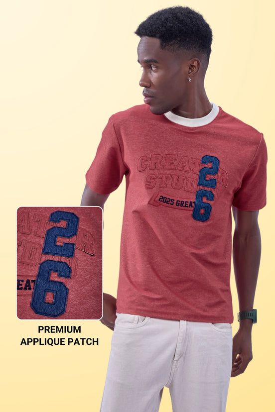 Auraa DenEase - Round Neck Oversized Denim T-Shirt (Red)