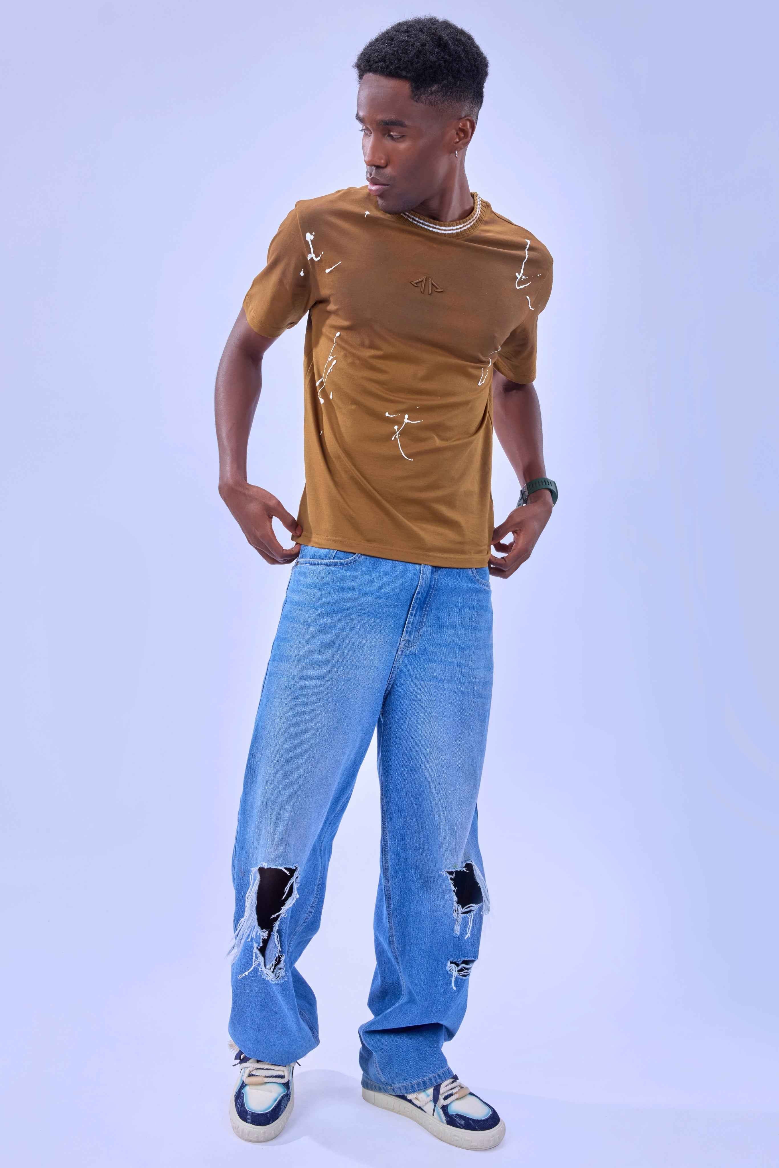 Auraa Urban Canvas - Abstract Paint Splatter Oversized T-Shirt (Brown)