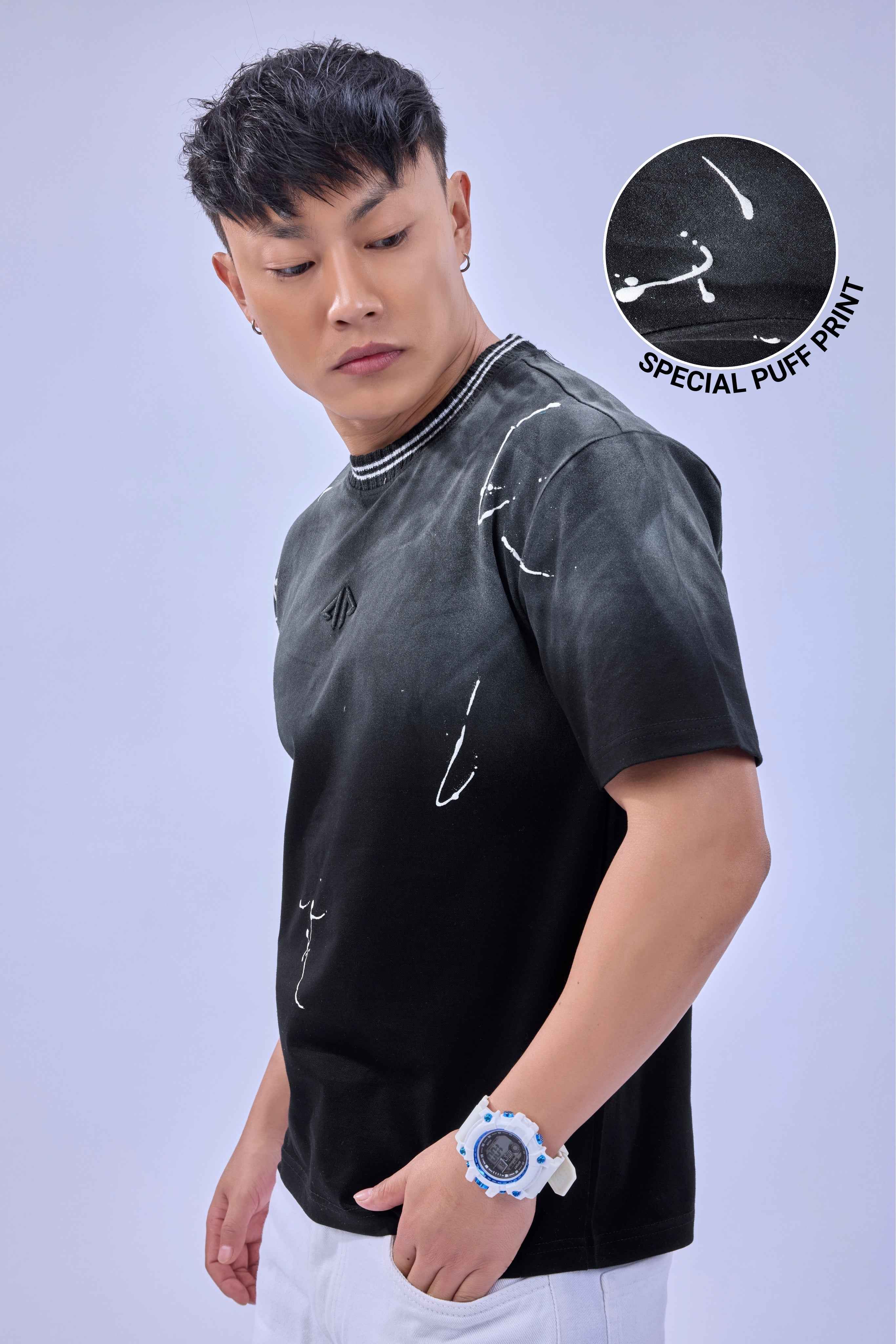 Auraa Urban Canvas - Abstract Paint Splatter Oversized T-Shirt (Black)