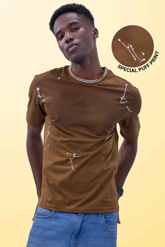 Auraa Urban Canvas - Abstract Paint Splatter Oversized T-Shirt (Brown)