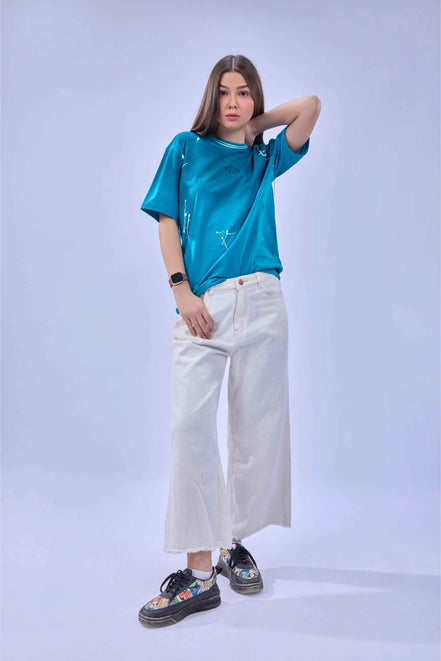 Auraa Urban Canvas - Abstract Paint Splatter Oversized T-Shirt (Blue)