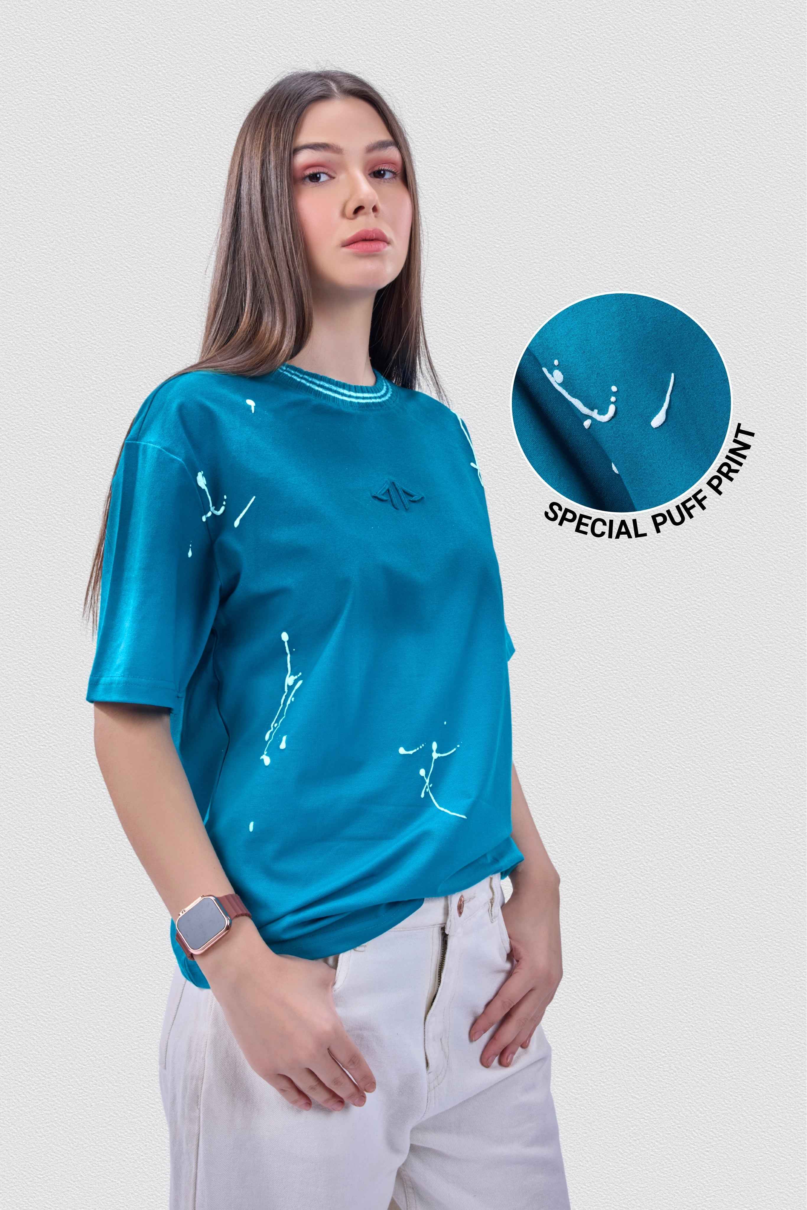 Auraa Urban Canvas - Abstract Paint Splatter Oversized T-Shirt (Blue)
